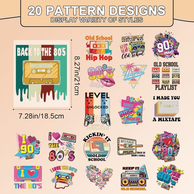 Shejdgart Dtf Transfers Ready to Press - 20 Pcs Back to 80s 90s Theme Iron on Patches for T-Shirts, Vintage Radio Heat Transfer Designs Vinyl Stickers, Iron on Decals for DIY Clothes Bag Fabric - Image 2